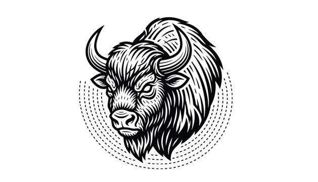 Strong wild bison head illustration in vintage woodcut style with detailed horns and fur lines on white background.