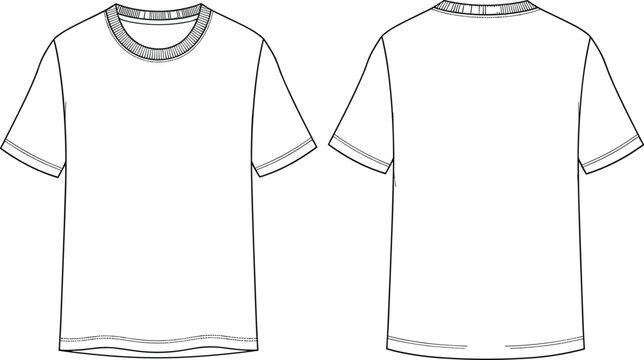 Front and back view line drawings of a classic short-sleeved t-shirt with ribbed collar and hem tee shirt