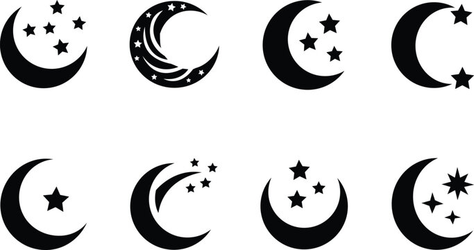 Crescent moon and stars silhouettes set for night sky magic astrology Ramadan decoration and dream logo design vector illustration .isolated on transparent background.