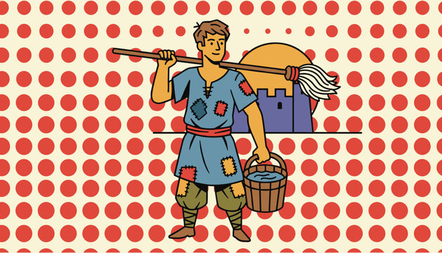 Medieval peasant wearing patched historical clothing while carrying a wooden bucket of water and a cleaning mop.