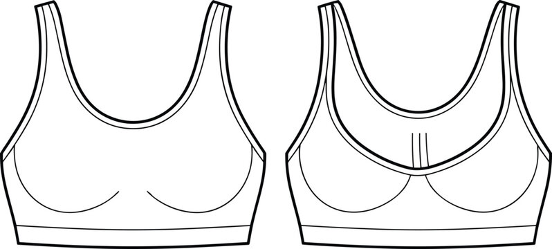 Technical drawing of a women's sports bra front and back views women's underwear apparel