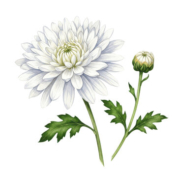 White chrysanthemum flower with green leaves and a small closed bud on a plain white background