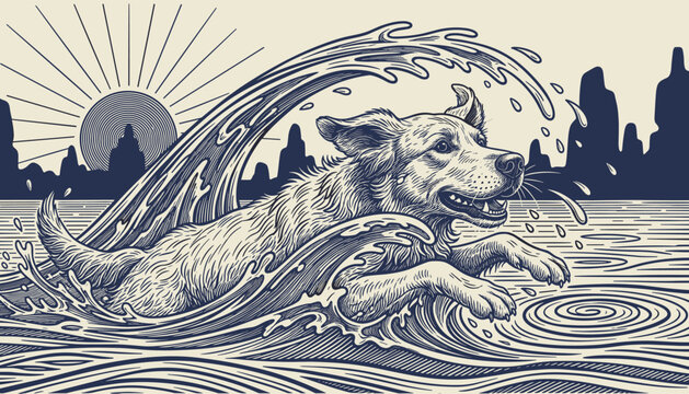 Majestic engraving of a happy retriever dog swimming in wild ocean waves against a dramatic sunrise over mountains.