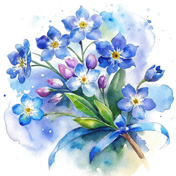Watercolor bouquet of blue forget-me-not flowers with a blue ribbon, isolated on white background