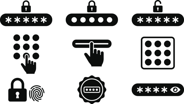 Password and Pin Code Vector Icon Set Featuring Lock Keypad Fingerprint and Security Field Symbols for Cyber Security Web and Mobile Application Interface Designs