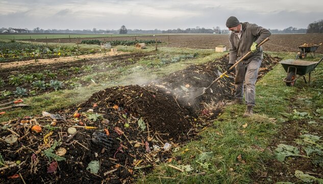 Smallscale compost windrow turning in a field setting emphasizing handson sustainable agriculture and local organic matter recycling techniques.