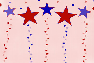 Obraz premium Patriotic red and blue stars fall across a checkered background in a festive graphic style for American holiday celebrations.