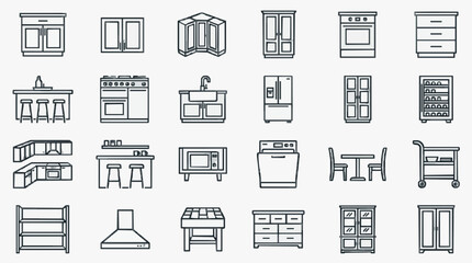 Fototapeta premium Corporate Minimalist Line Icons Set of Kitchen and Dining Room Furniture and Appliances in Black and White