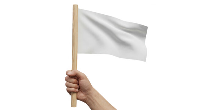 A hand holding a plain white flag on a wooden stick representing peace or surrender isolated on a transparent background isolated on transparent background