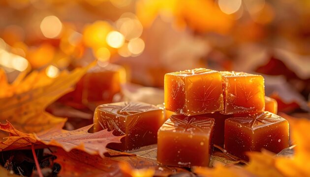 Artfully Arranged Maple Syrup Candies Resting on Autumn Leaves