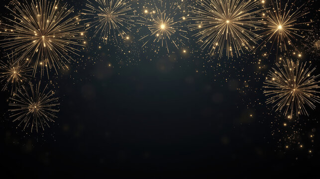 Luxury gold fireworks celebration with sparkling particles and dark elegant background