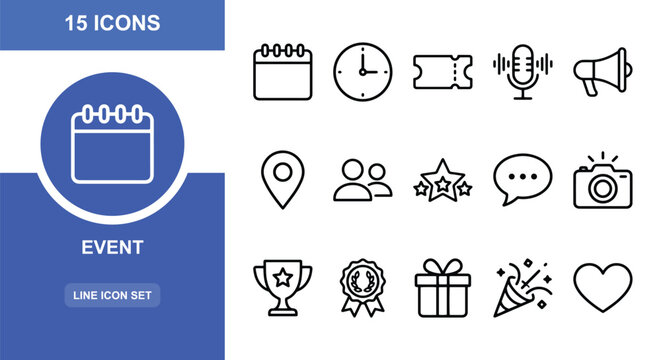 15 Event linear icon set calendar clock ticket microphone megaphone location people stars chat camera trophy medal gift party popper heart, UI and web interface design