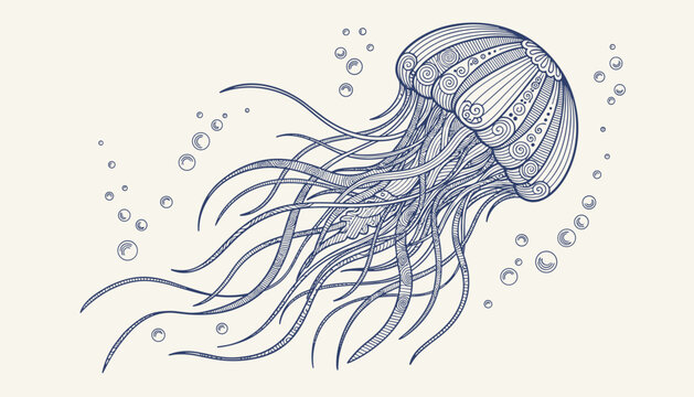 Elegant sketch of a graceful jellyfish with long flowing tentacles in vintage ocean engraving style illustration.