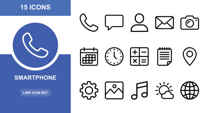 15 Smartphone linear icon set phone message user mail camera calendar clock calculator notes map