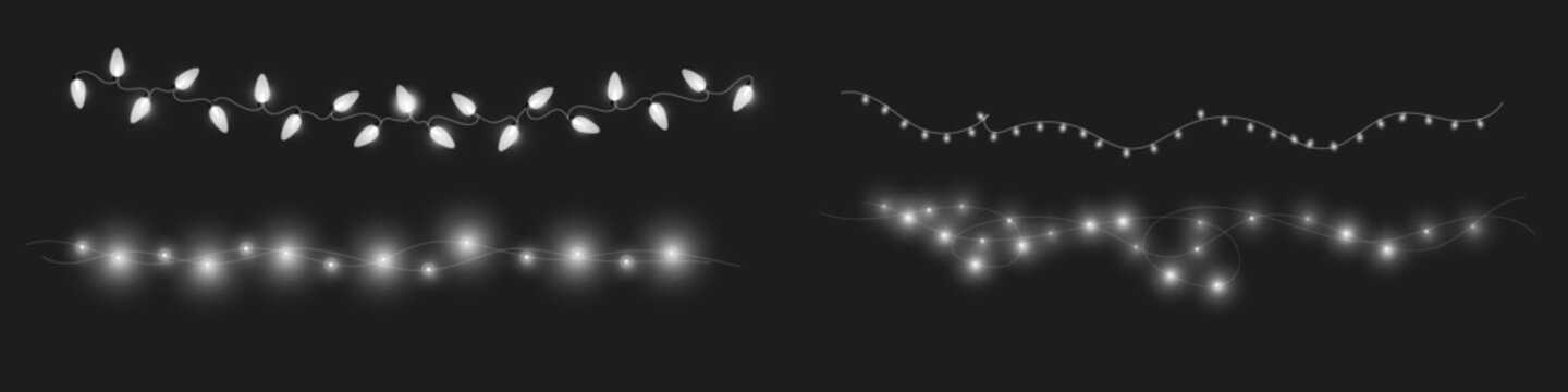 Christmas lights. Bright Xmas garland. Vector glow light bulbs on wire strings.