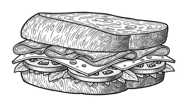 Engraved style illustration of a delicious sandwich stacked with layers of ham, Swiss cheese, sliced tomatoes, and fresh lettuce.
