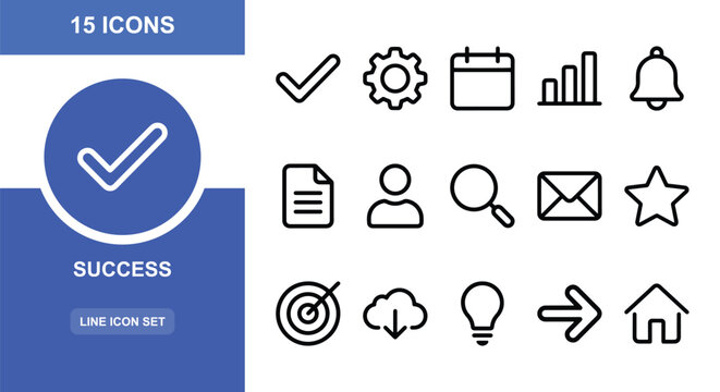 15 Success linear icon set checklist gear calendar chart bell document user search mail star target cloud lightbulb arrow house, UI and web interface design
