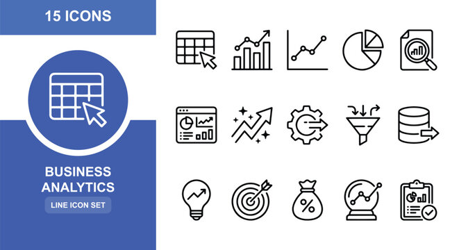 15 Business Analytics linear icon set charts reports data, UI and web interface design