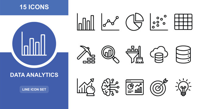 15 Data Analytics linear icon set charts graphs database cloud target, UI and web interface design