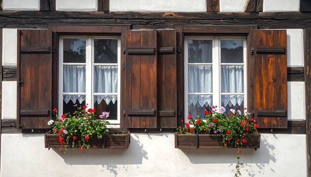 Close-up of a rustic building exterior with two windows adorned with dark wooden shutters and vibrant flower boxes