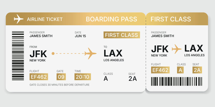Elegant Golden Boarding Pass Vector. Travel Airline Ticket with Barcode