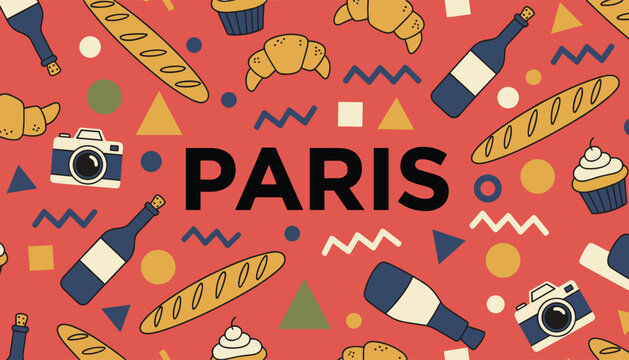 Fun Parisian themed flat design pattern on a red background featuring cameras, French wine, baguettes, and croissants.