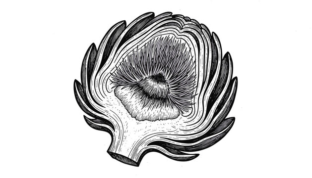 Engraved illustration of a fresh artichoke cut in half showcasing its internal texture and heart on a plain white background.