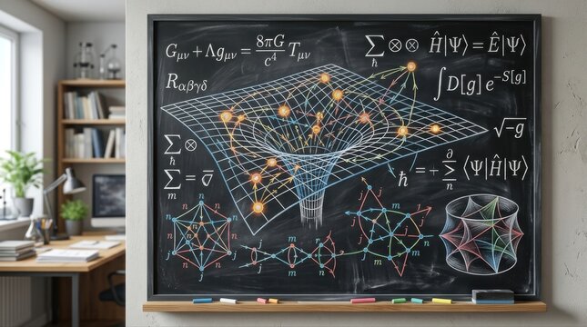 A chalkboard-style scientific diagram of quantum gravity concepts, with curved spacetime grid, operator symbols, tensor equations, and glowing nodes linked by colored arrows in a clean research office