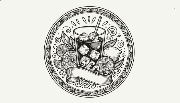 Decorative circular emblem featuring a glass of iced tea with lemon slices waves and a blank ribbon banner for text.