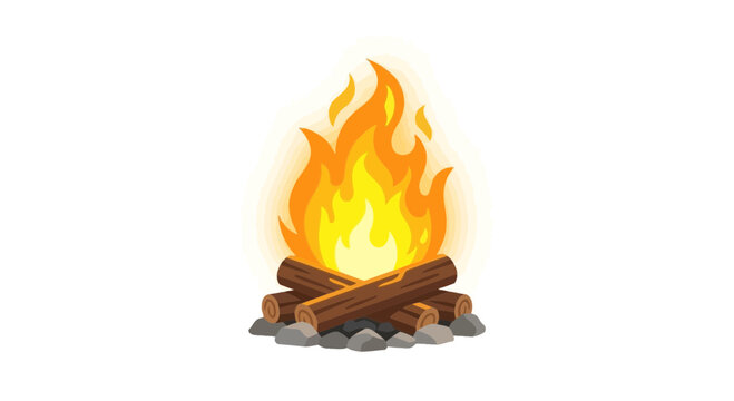 Summer campfire with burning logs and grey stones