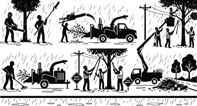 Team trimming trees and clearing branches with machinery