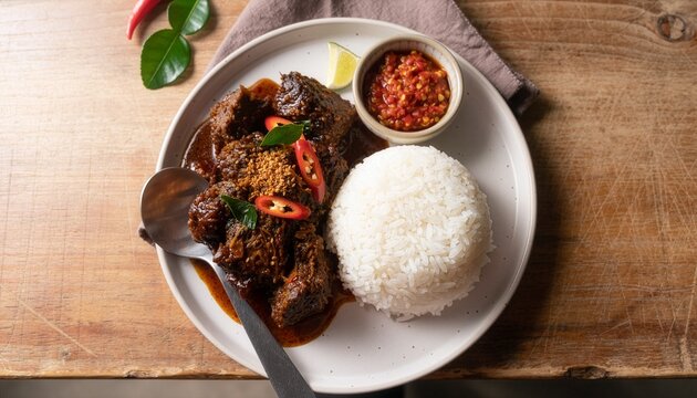 Top view of rendang with steamed rice and sambal. suitable for food blogs, restaurant menus, and social media posts.