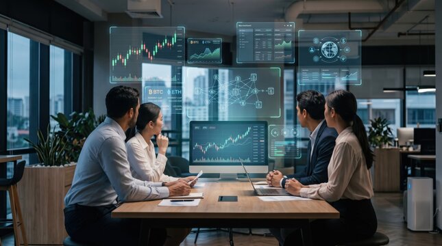 Business team meeting with holographic cryptocurrency and blockchain interface, fintech concept, bitcoin ethereum trading, global network connection, future technology