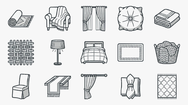 Modern Minimalist Black and White Line Drawing Icons Set of Home and Bedroom Decor Items with high quality professional line art symbols for modern creative design and digital branding projects