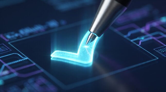 Digital stylus selecting a glowing holographic checkmark on a high-tech electronic interface representing success and secure verification processes