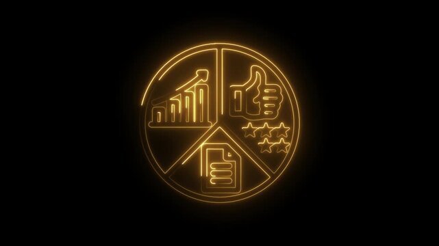 Glowing neon pie chart graphic with upward trending bar graph thumbs up icon and star rating