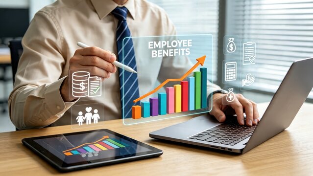 Businessman analyzing employee benefits chart with rising graph on laptop, financial planning, human resources management, salary increase and corporate welfare strategy concept.