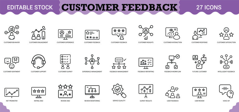 PrintCustomer Feedback Icon Set - 27 Editable Vector Icons for Reviews, Ratings & Satisfaction. Features star ratings, customer surveys, sentiment analysis, support headphones, and feedback reporting 