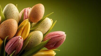 Fototapeta premium Bright colored eggs and flowers are arranged together to celebrate Easter in a spring setting