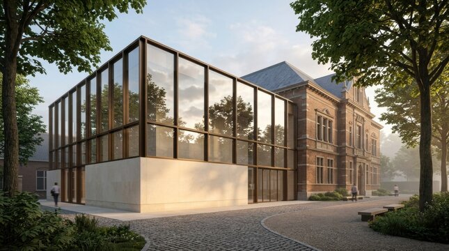 Architectural render of a museum extension with a glass curtain wall, pale limestone base, bronze-framed windows, and a restored brick facade, seen from a low angle across a tree-lined courtyard