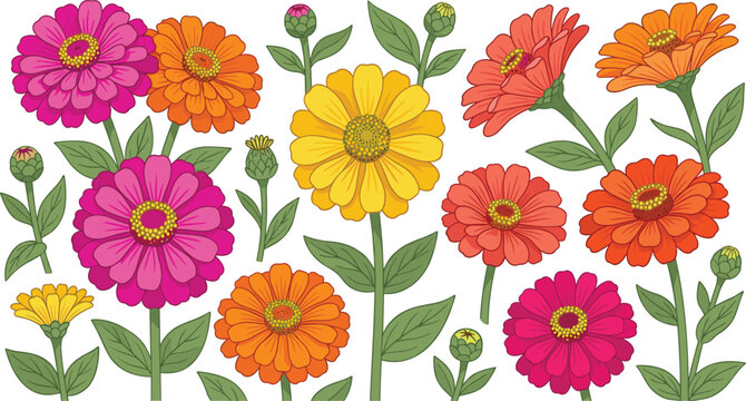 Zinnia Flower Cartoon Vector Set with Blooming and Budding Stems in Pink, Yellow, Orange, and Red for Floral Designs
