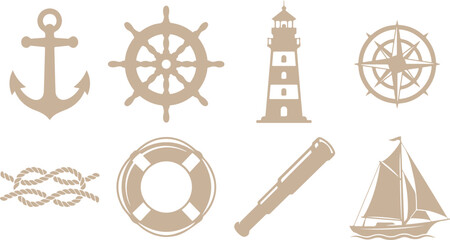 Nautical vector icons set with anchor wheel lighthouse and compass © Tawhid