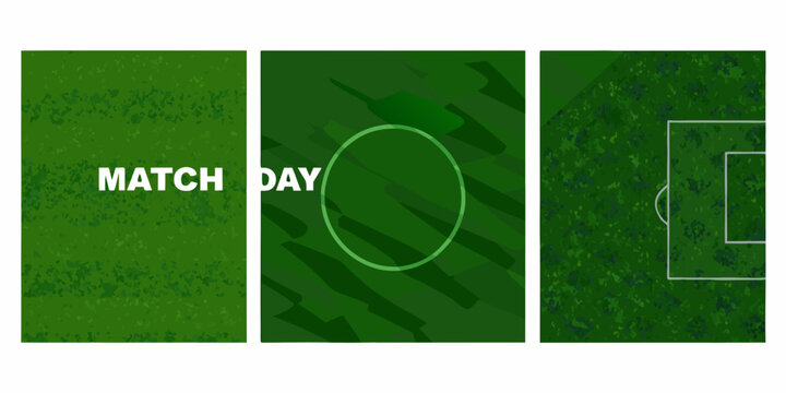 three vertical panels featuring a realistic green soccer field graphic football pitch sports ground grass match