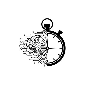 Digital brain clock hybrid icon representing artificial intelligence and cognitive processing speed with artificial intelligence technology computing cognitive stopwatch