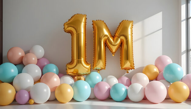 Golden 1m balloon surrounded by colorful pastel balloons celebration anniversary achievement.