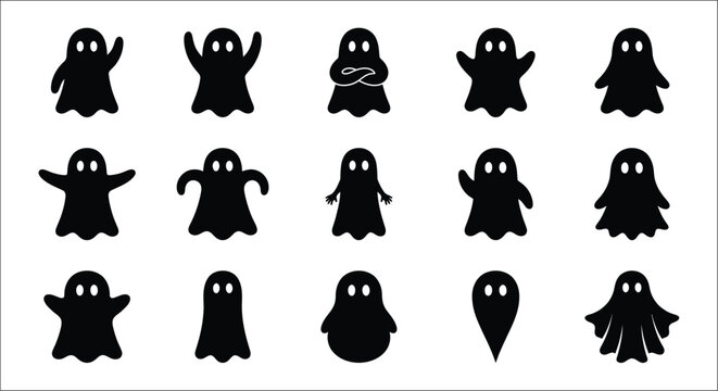 Collection of black ghost silhouettes with varied shapes and expressions on a white background ghosts apparition specter phantom haunted halloween