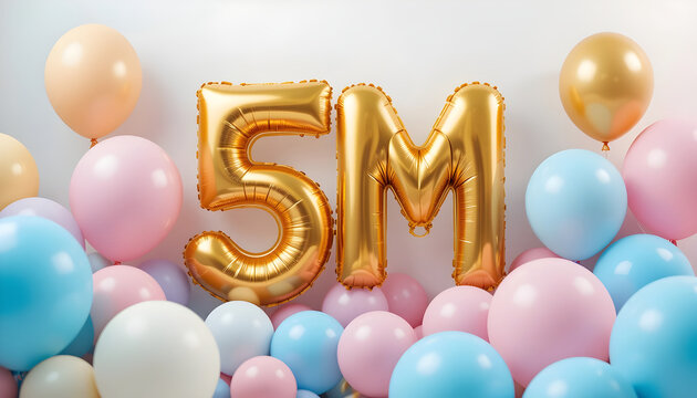 Golden 5m balloon display with pastel colored balloons for social media milestone achievement.