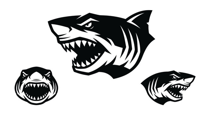 Aggressive shark head mascot logos for sports teams.