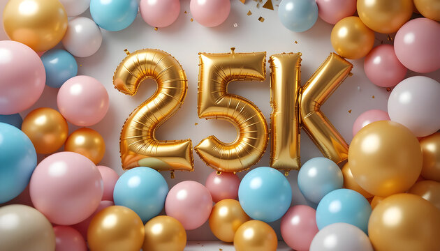 Golden 25k balloons celebration with pastel spheres on white background.