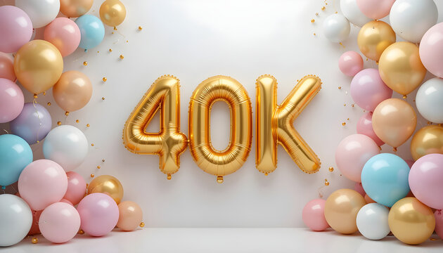 Golden 40k balloons standing out among a delightful collection of pastel balloons and festive confetti.